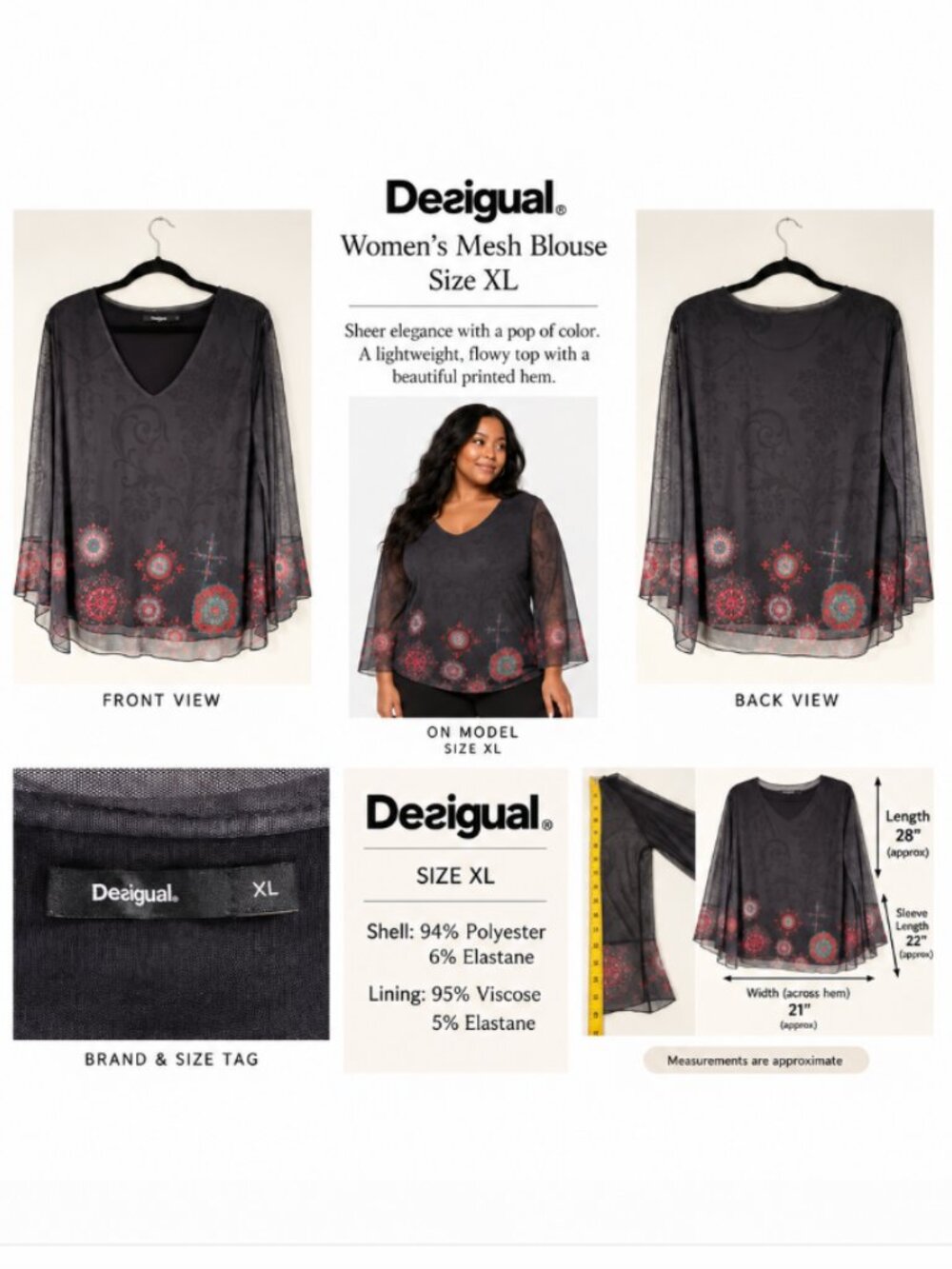 Desigual Floral Mandala Sheer Mesh V-Neck Blouse — Size XL